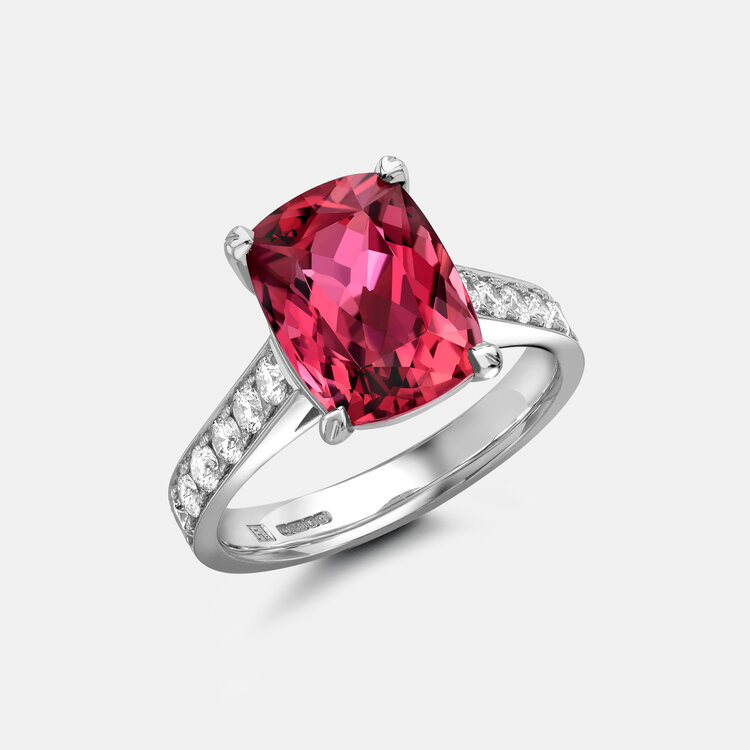 Bespoke Cushion-Cut Rubellite Tourmaline Engagement Ring with Diamonds