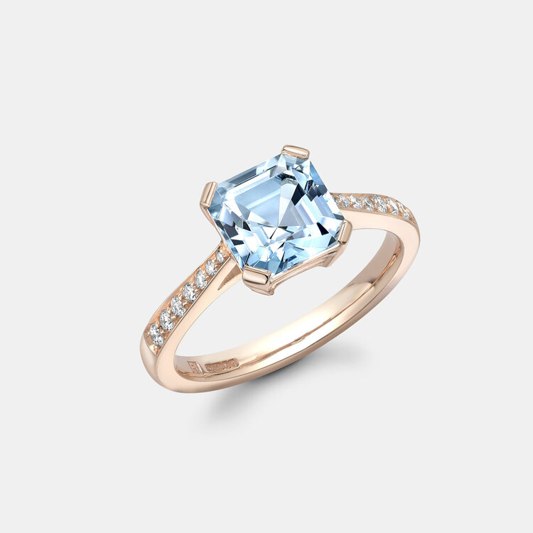 Asscher Cut Aquamarine Ring with Diamonds in Rose Gold