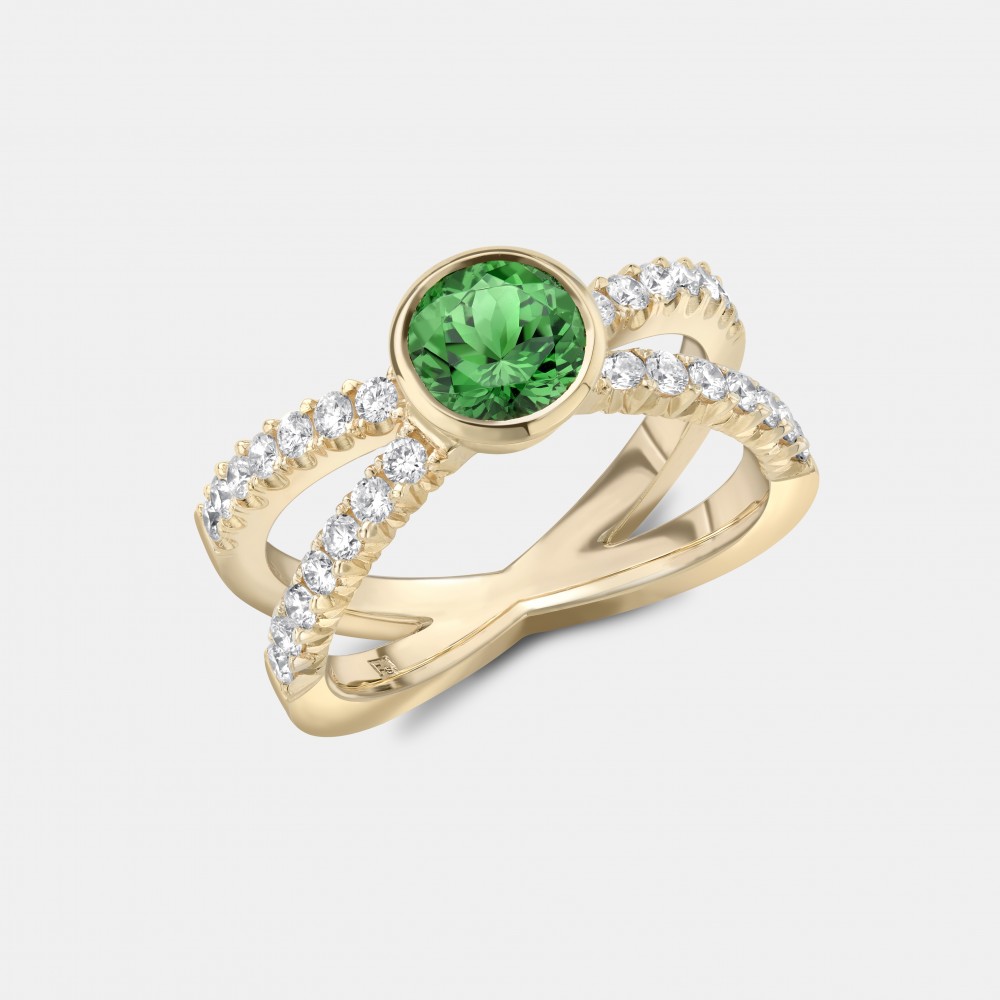 Green Tsavorite and Diamond Kiss Ring